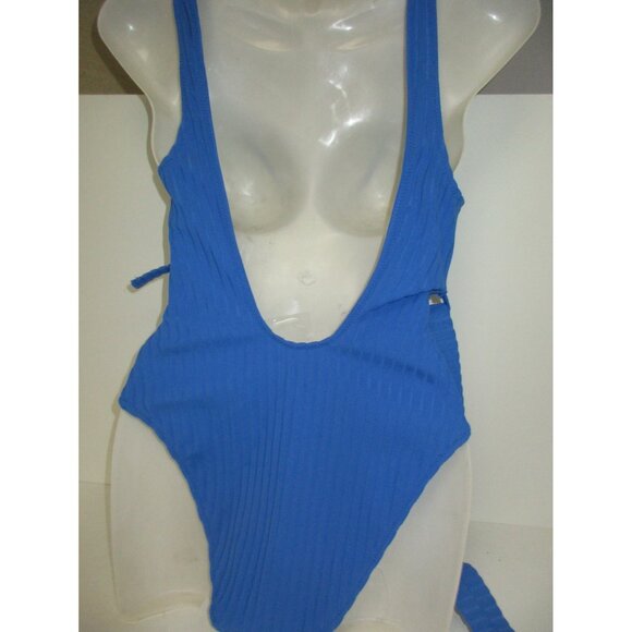Solid & Striped One Piece Belted  Swimsuit Blue Ribbed Measures Size XS NWOT,NWD - Picture 2 of 3